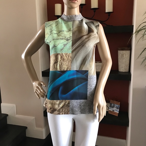 Zara Scuba Neoprene Graphic Print Top Sleeveless Mock Neck Small Colorful - Picture 10 of 10